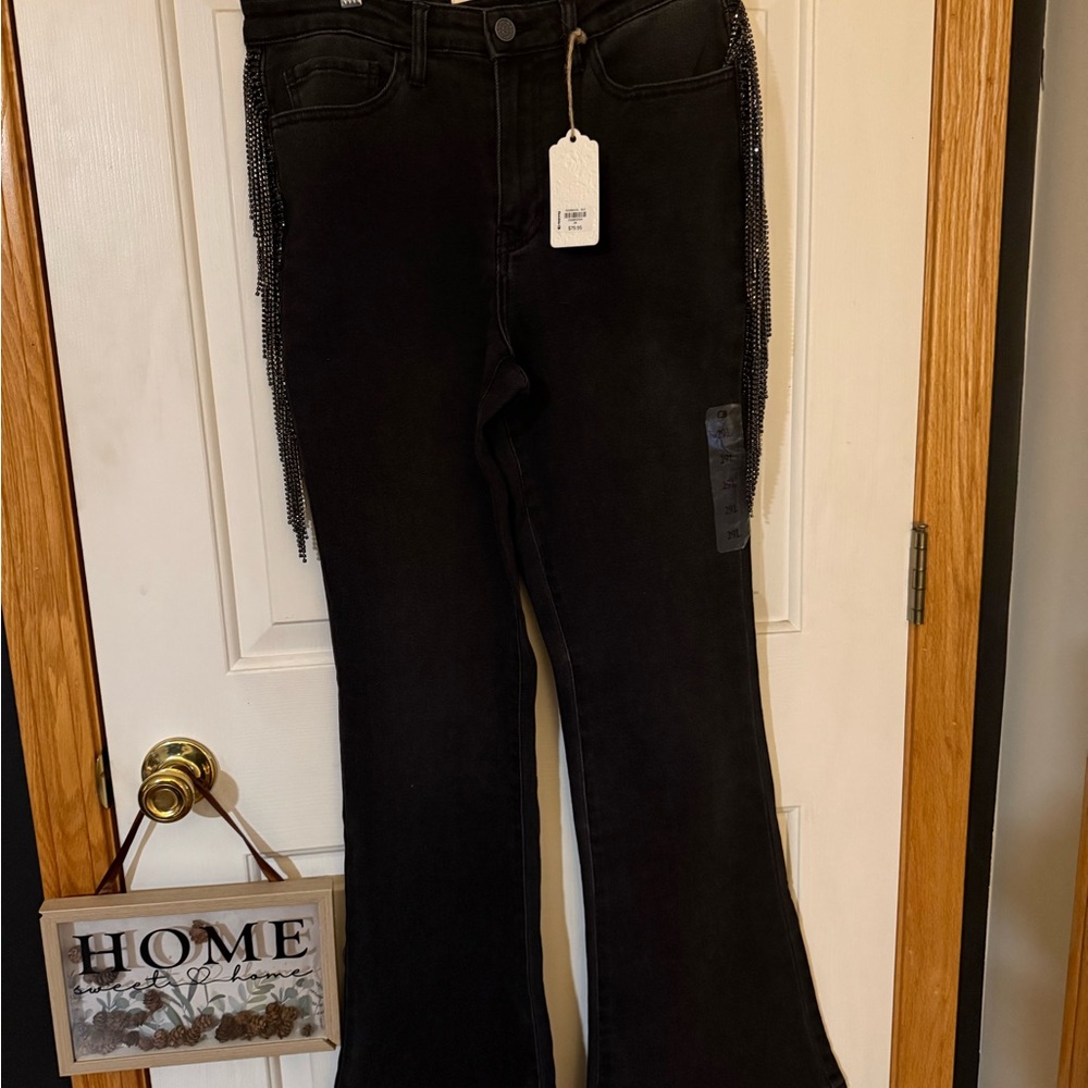 Sterling and stitch Black Flared Pants with bling fringe Long!!! 34in! - Picture 7 of 10